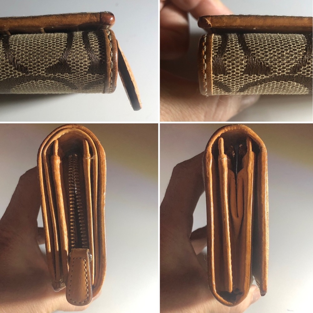 COACH Wallet Brown Canvas Signature Pattern w/ Tan Leather Bifold Medium Compact - Picture 12 of 15